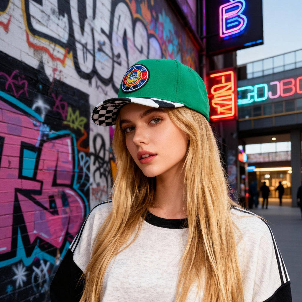 Custom Racing Badge Snapback Cap - Green with Checkered Brim