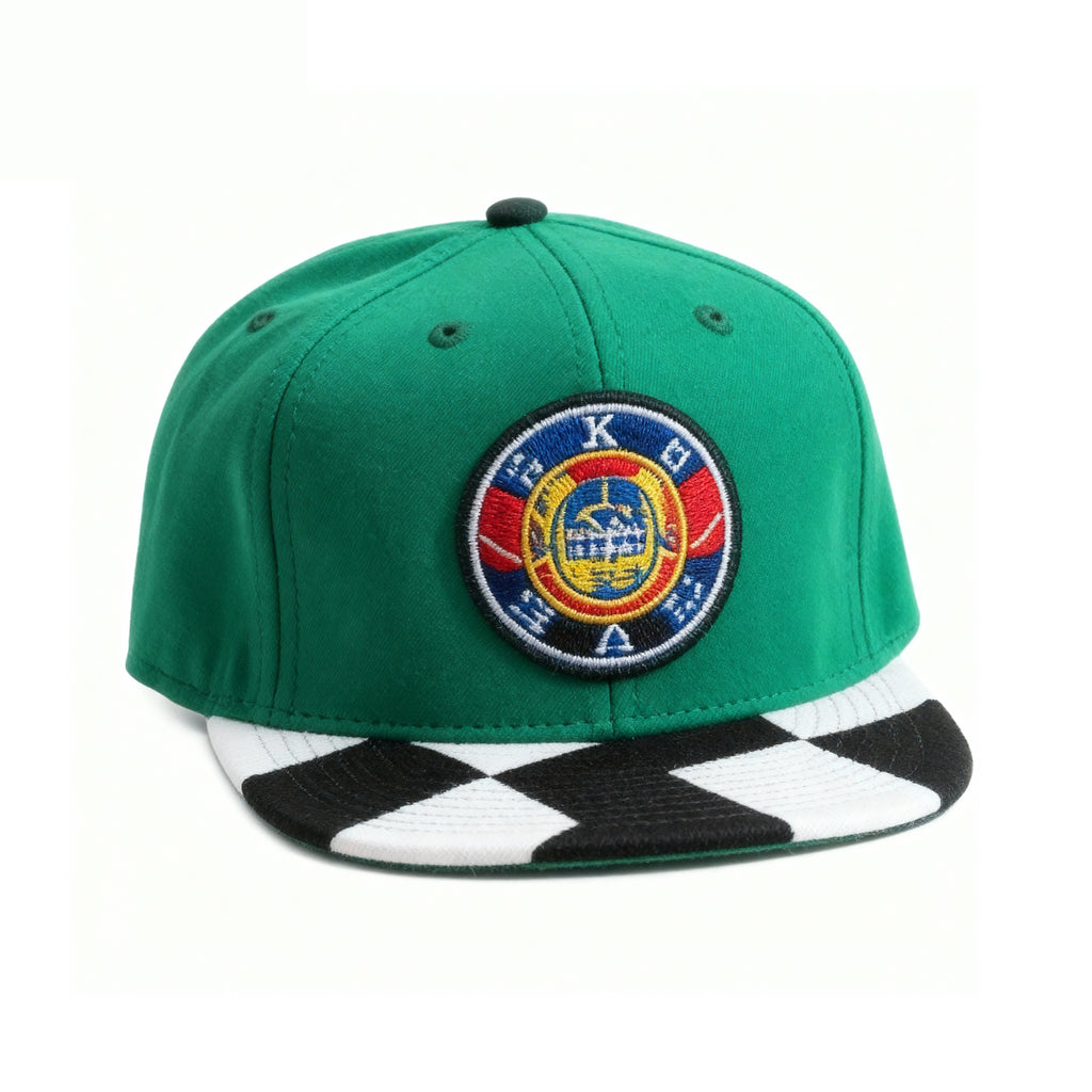 Custom Racing Badge Snapback Cap - Green with Checkered Brim