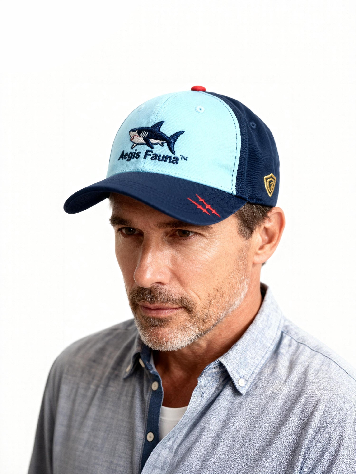 Shark Embroidered Baseball Cap - Ocean Blue & Navy