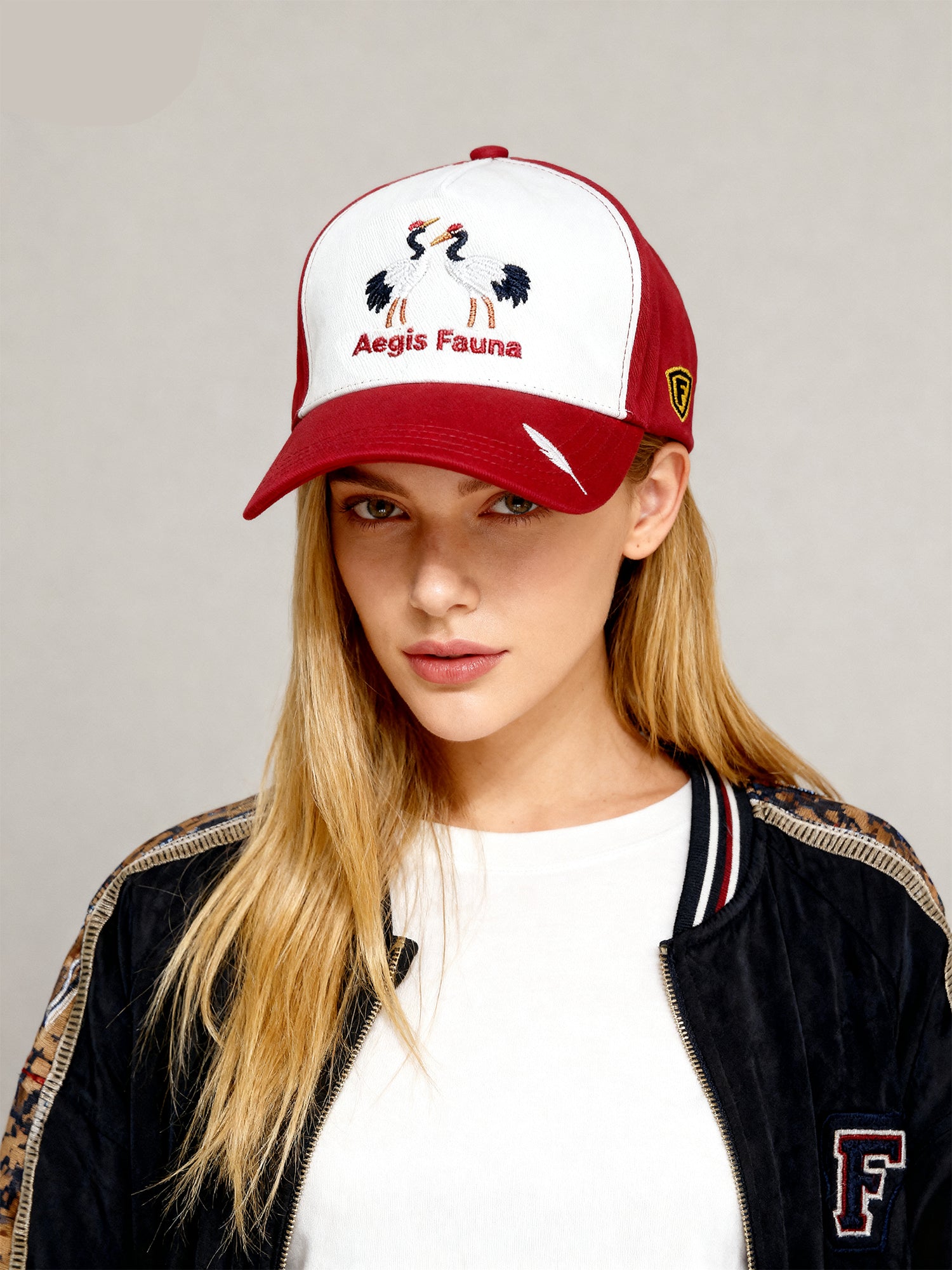 Crane Embroidered Baseball Cap - Red & White | Aegis Fauna